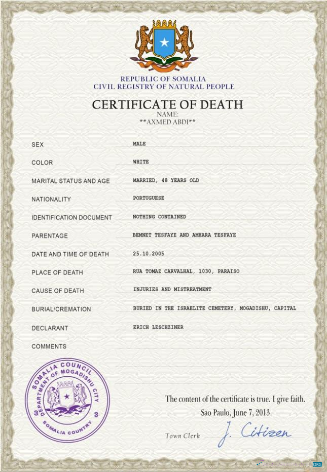Download Somalia vital record death certificate PSD template Photoshop template